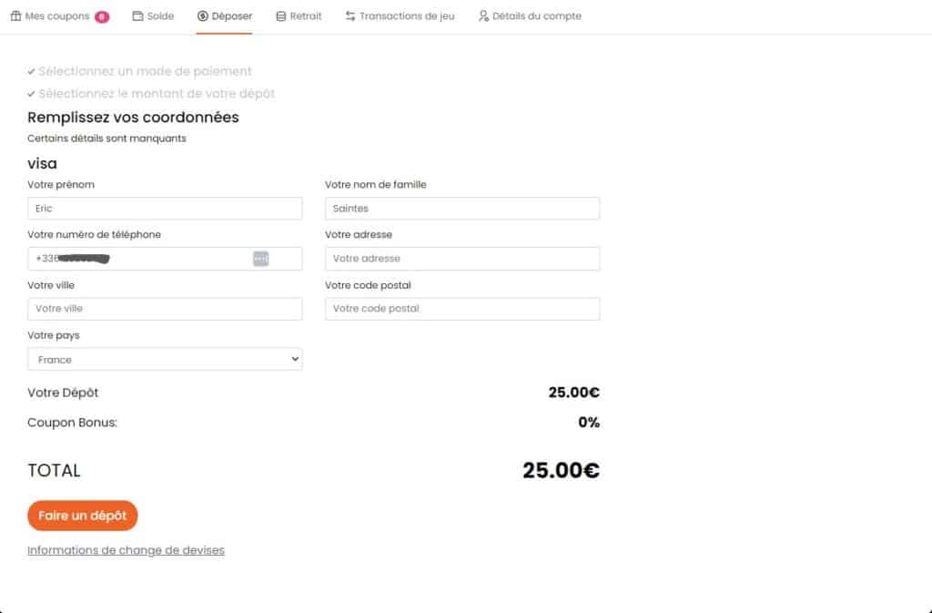 Comment faire un dépôt sur VIP Hermes Casino