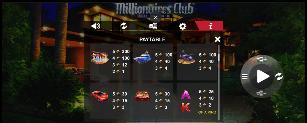 bonus selon les symboles Millionaires club diamond edition