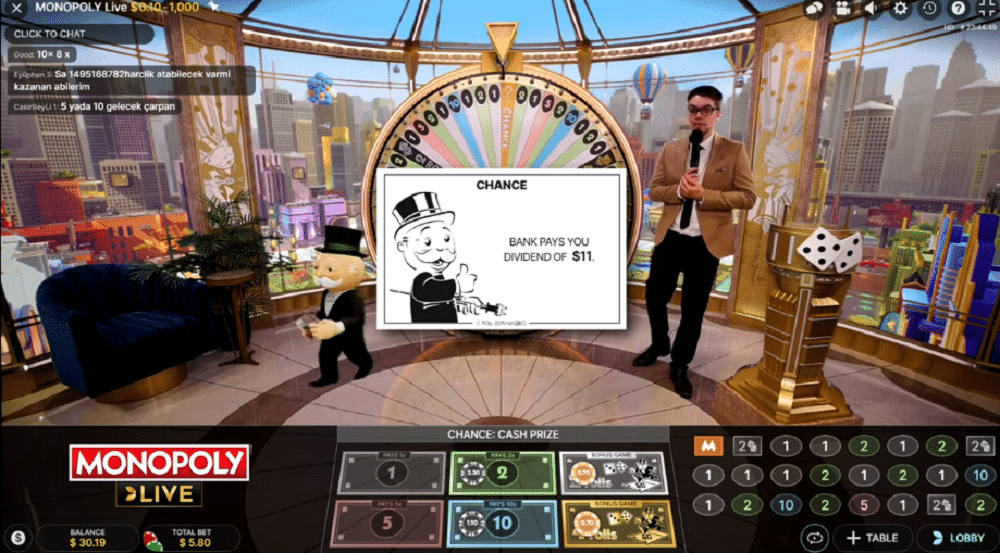 Monopoly Live avec interface de plateau televise
