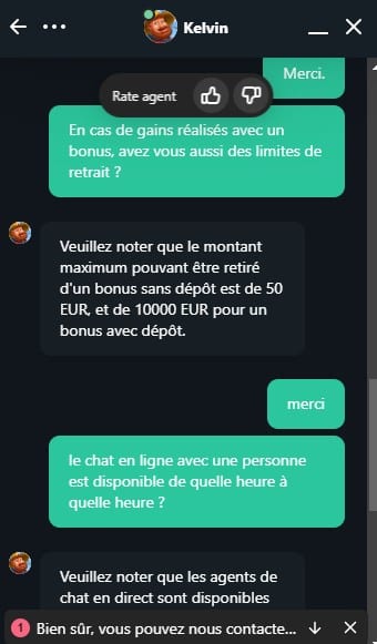 Vave Casino chat en direct