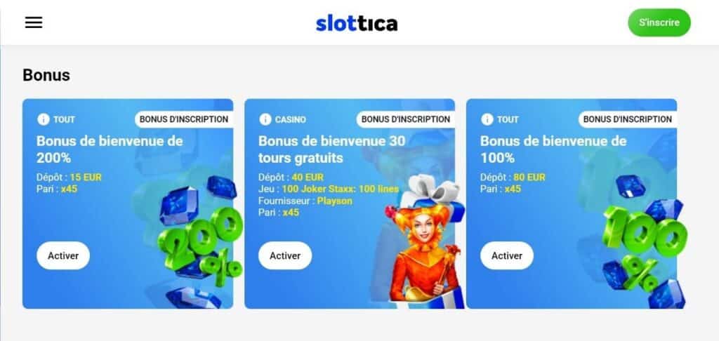 bonus de bienvenue slottica