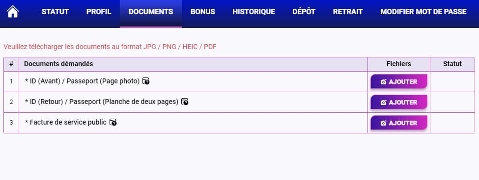 Europe Fortune Casino Vérification des documents