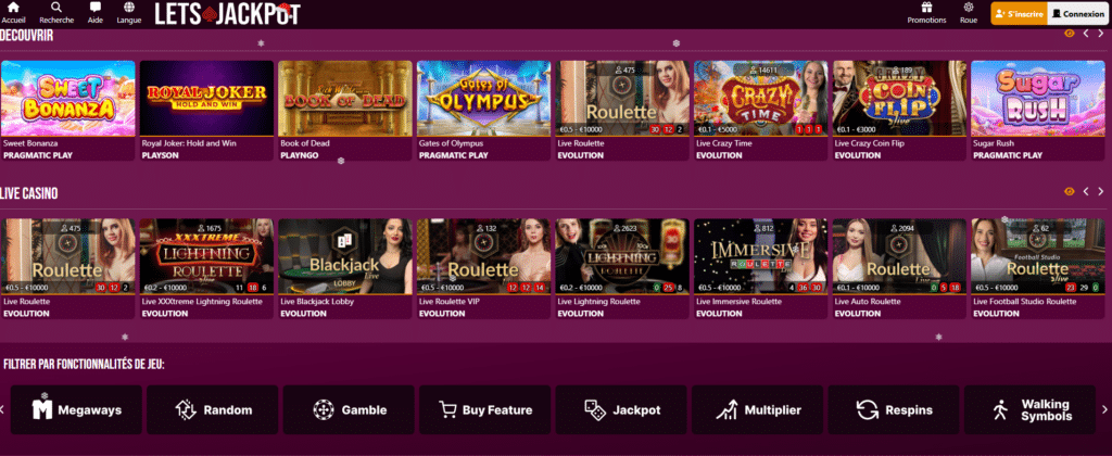 Catalogue de jeux sur Let’s Jackpot