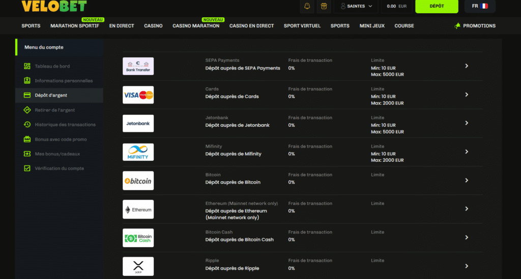 velobet options de paiement