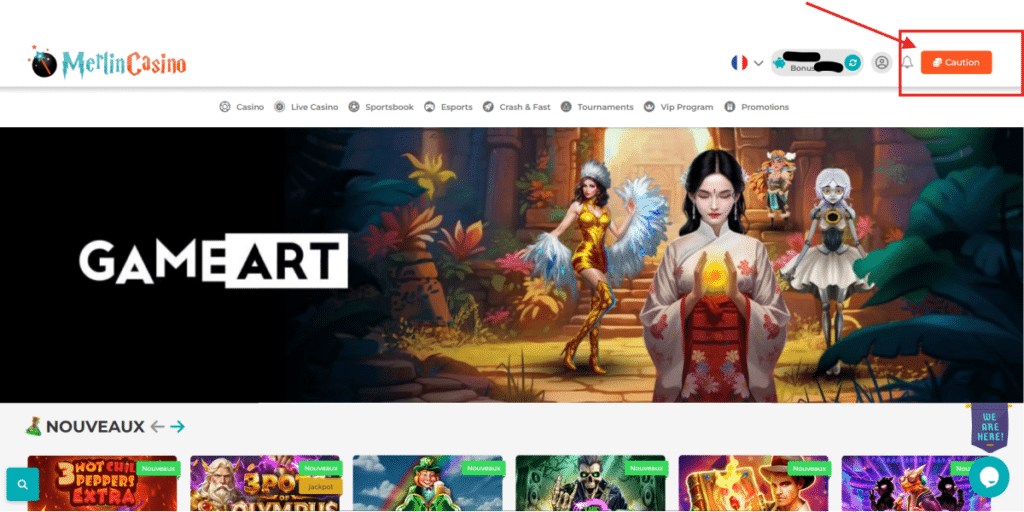 faire un dépôt sur Merlin Casino appuyer bouton caution