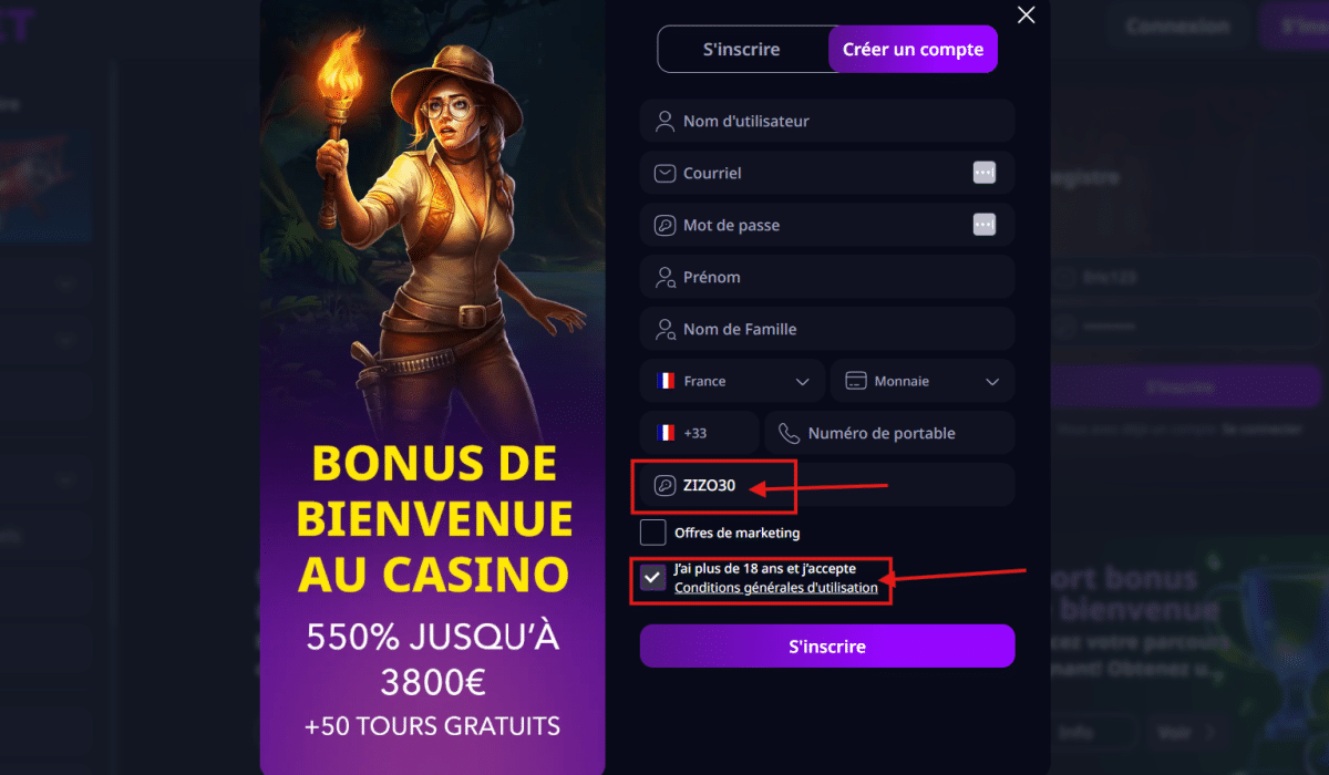 Zizopet obtenir un bonus avec le code bonus zizobet étape 2 Étape 2 - Remplir le formulaire - code bonus