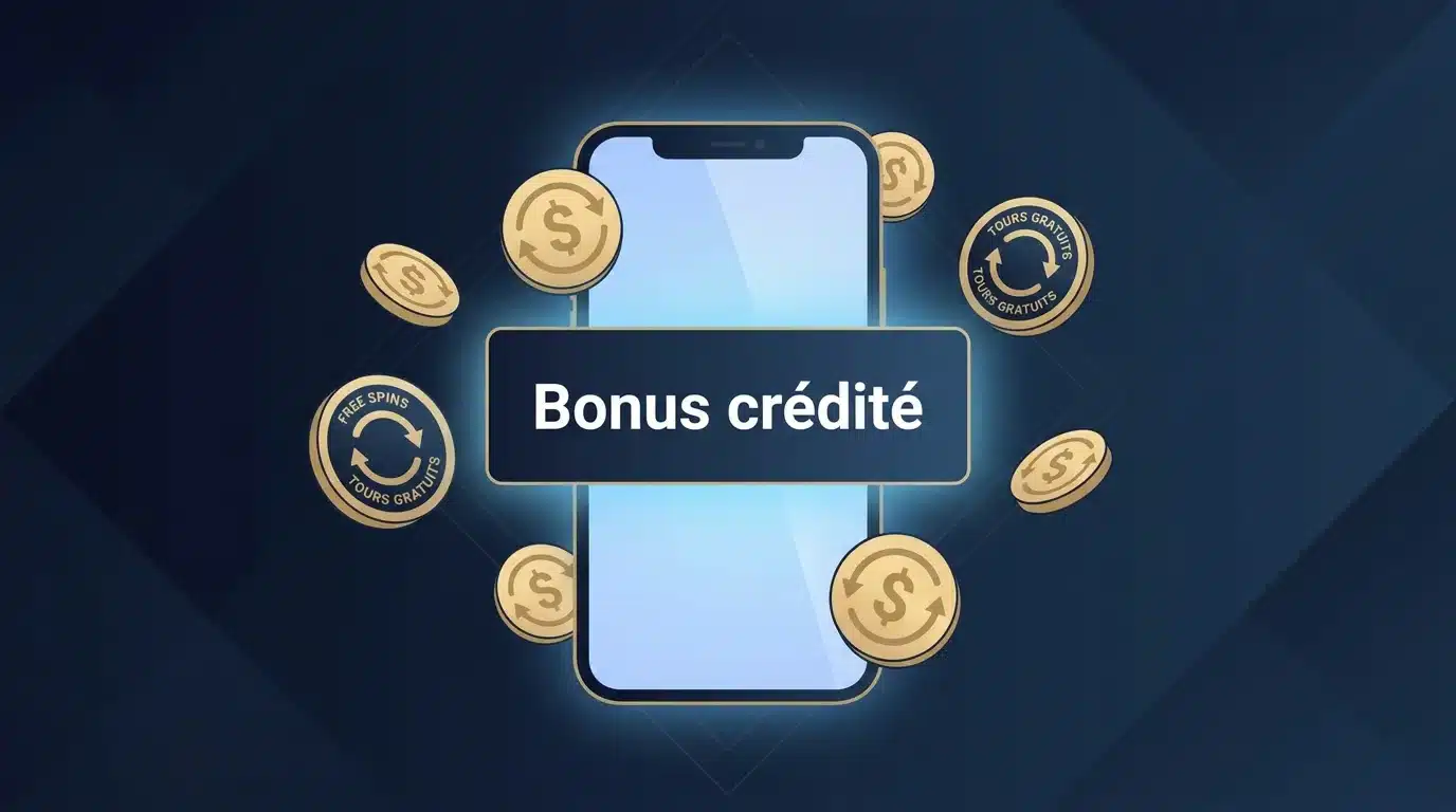 Écran de smartphone affichant un bonus sans dépôt crédité immédiatement sur un compte joueur