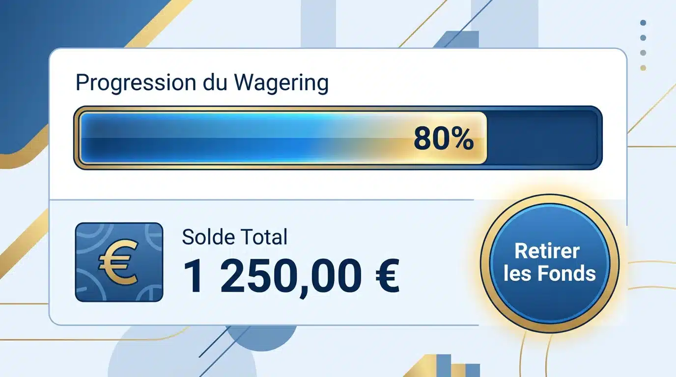 Tableau de bord de casino montrant la progression du wagering et le bouton de retrait des gains