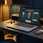 Espace de jeu en ligne avec ordinateur et smartphone affichant une interface de casino