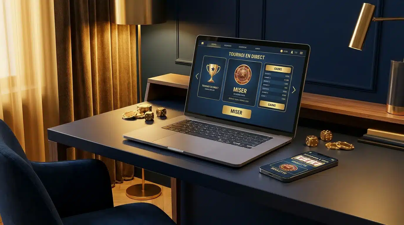 Espace de jeu en ligne avec ordinateur et smartphone affichant une interface de casino