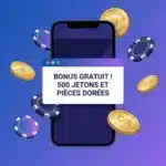Smartphone affichant un bonus sans dépôt avec jetons de casino dorés