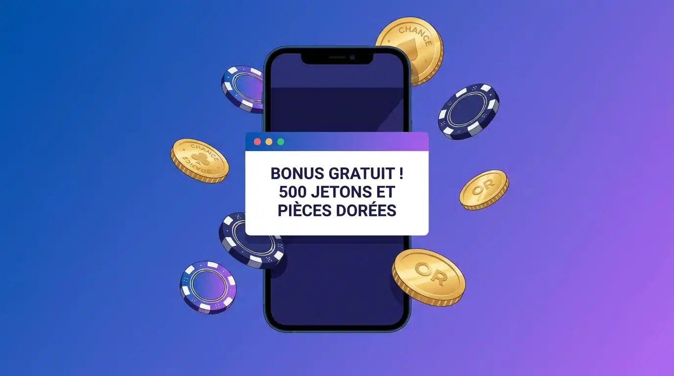 Smartphone affichant un bonus sans dépôt avec jetons de casino dorés