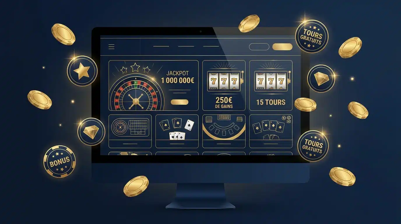 Interface de casino en ligne avec jetons et icônes de bonus sans dépôt
