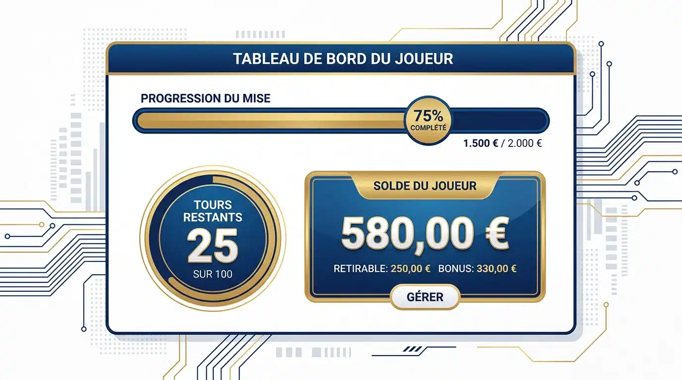 Tableau de bord de progression des conditions de mise sur un bonus sans dépôt