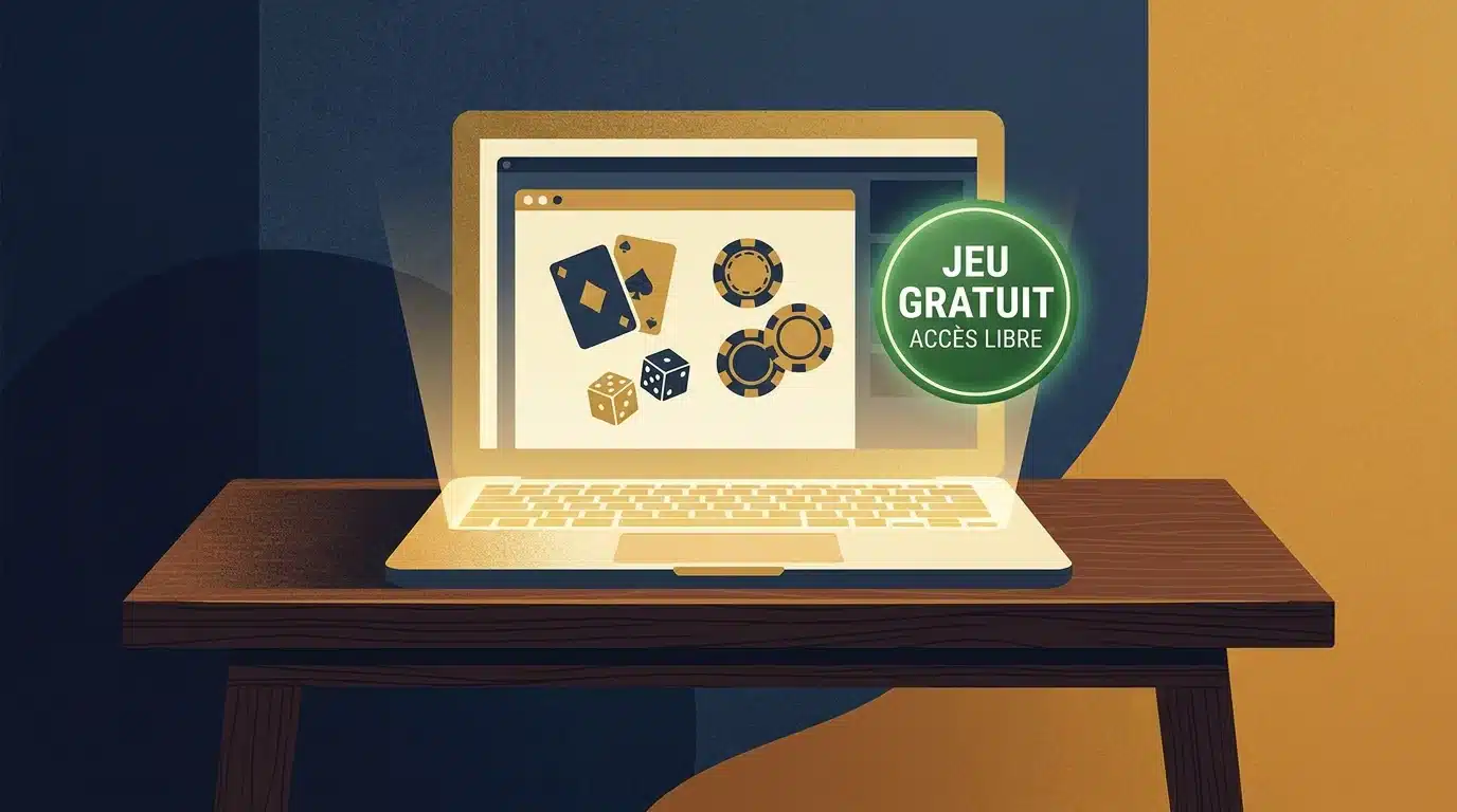 Ordinateur portable affichant des symboles de casino en ligne avec badge de bonus gratuit