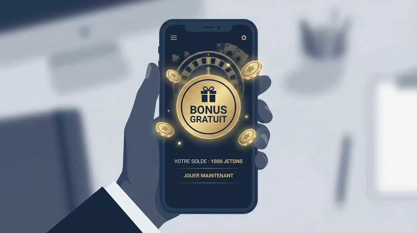 Interface de casino en ligne sur smartphone avec bonus sans dépôt et jetons dorés