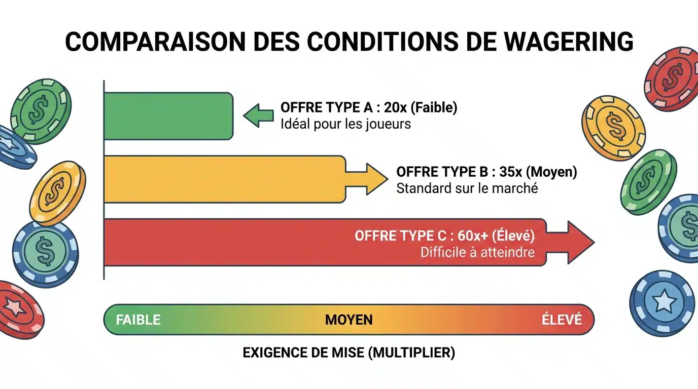 Graphique comparatif des conditions de wagering des casinos sans dépôt en 2026