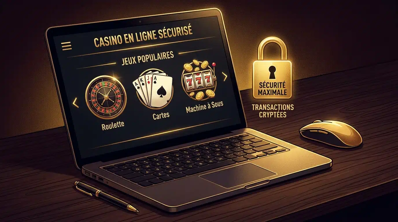 Interface de casino en ligne sécurisée avec icônes de jeux et cadenas de sécurité