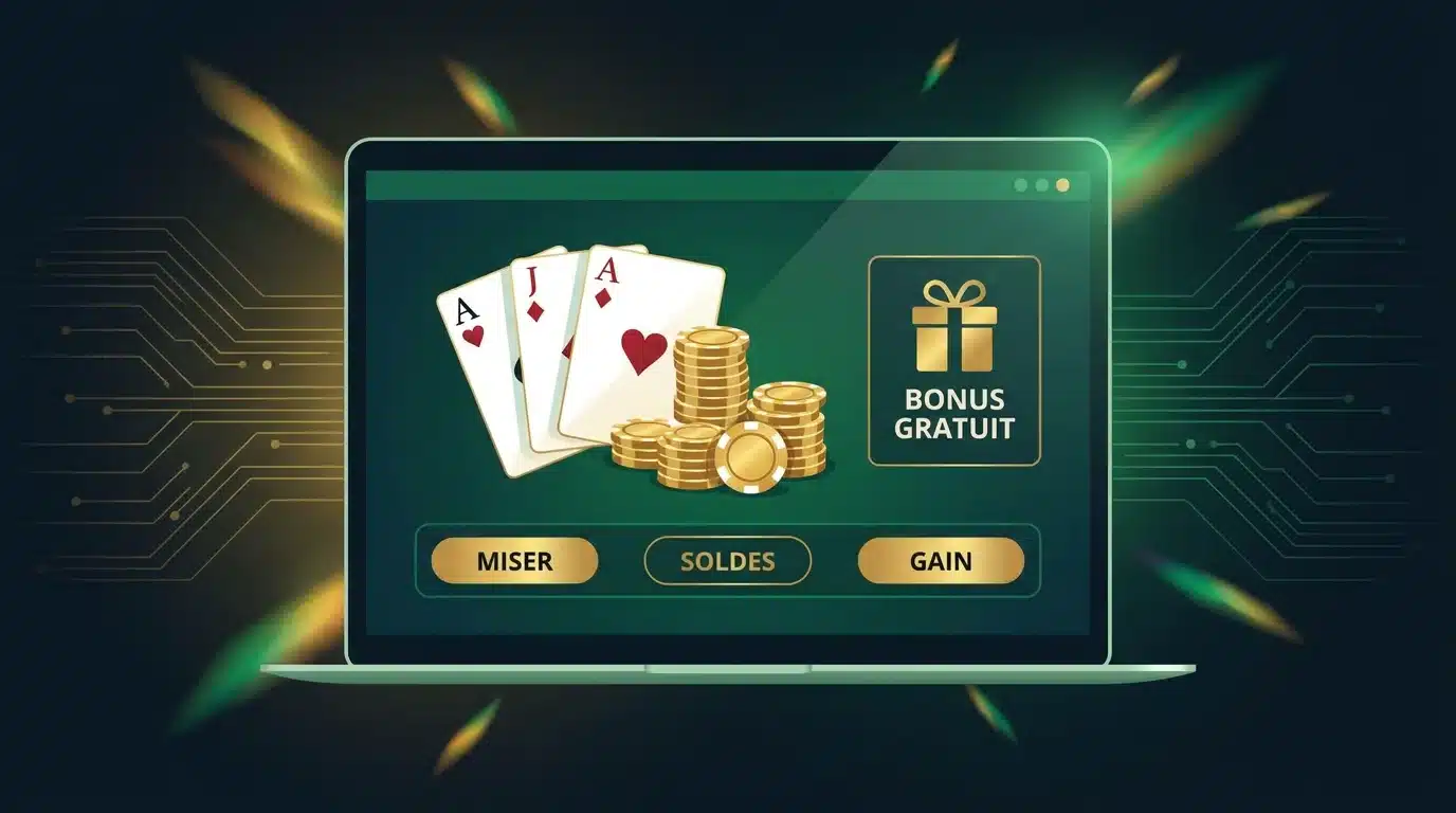 Illustration d'un bonus gratuit de casino en ligne avec jetons et cartes sur écran