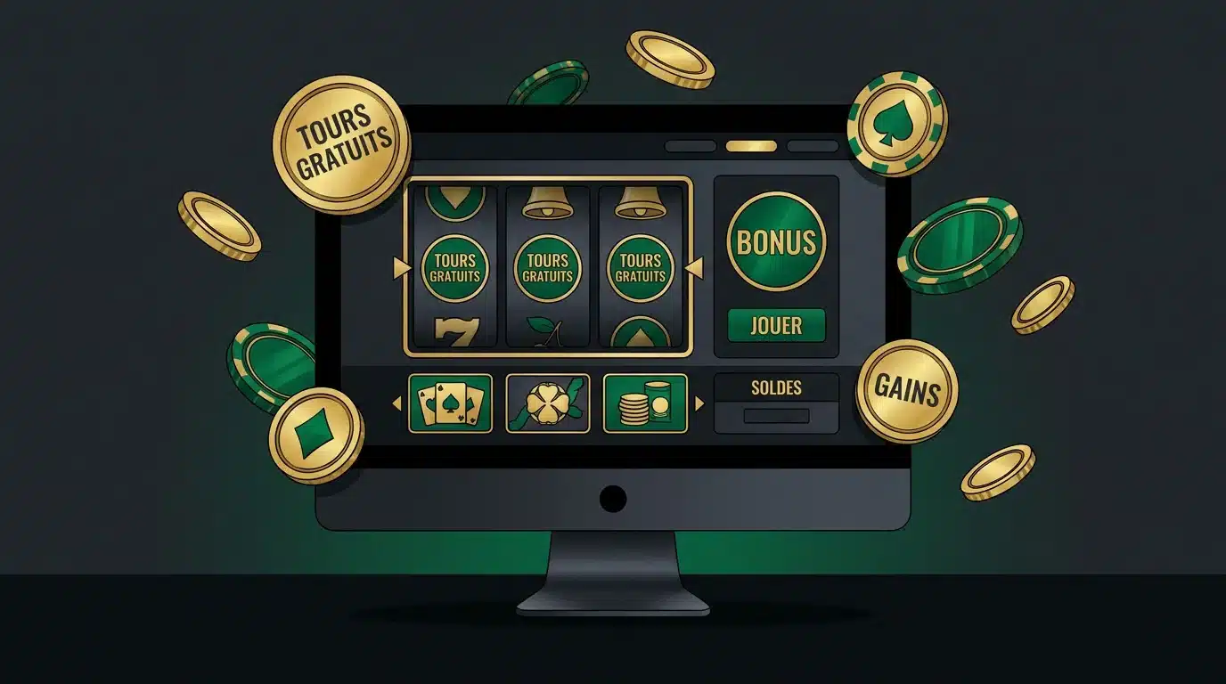 Illustration d'un bonus sans dépôt sur un casino en ligne avec jetons et free spins