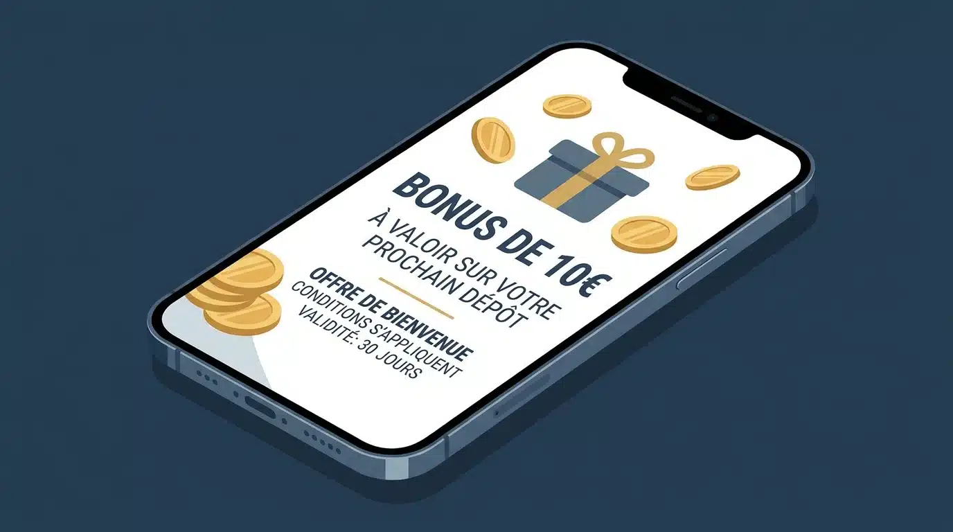 Illustration d'un bonus casino de 10 euros sans dépôt sur smartphone
