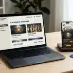 Ordinateur et smartphone affichant des offres de jeu gratuit sur un bureau moderne