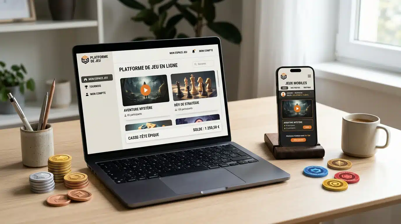 Ordinateur et smartphone affichant des offres de jeu gratuit sur un bureau moderne