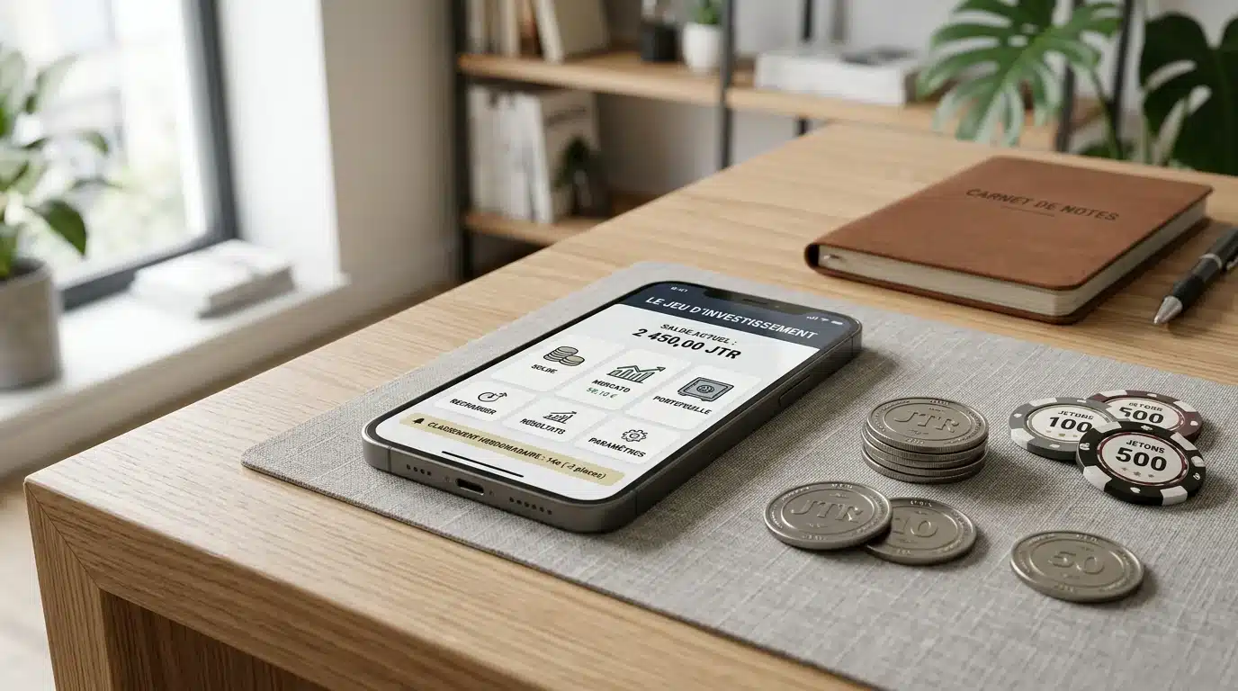 Smartphone affichant une offre de jeu gratuit posé sur un bureau avec des jetons