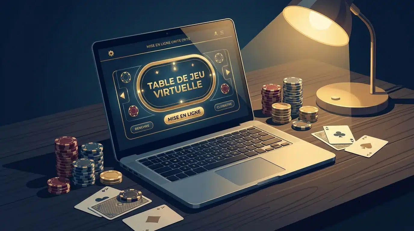 Ordinateur portable avec interface de casino en ligne et jetons de jeu