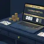 Illustration d'une scène de casino en ligne avec jetons et cartes sur un écran d'ordinateur