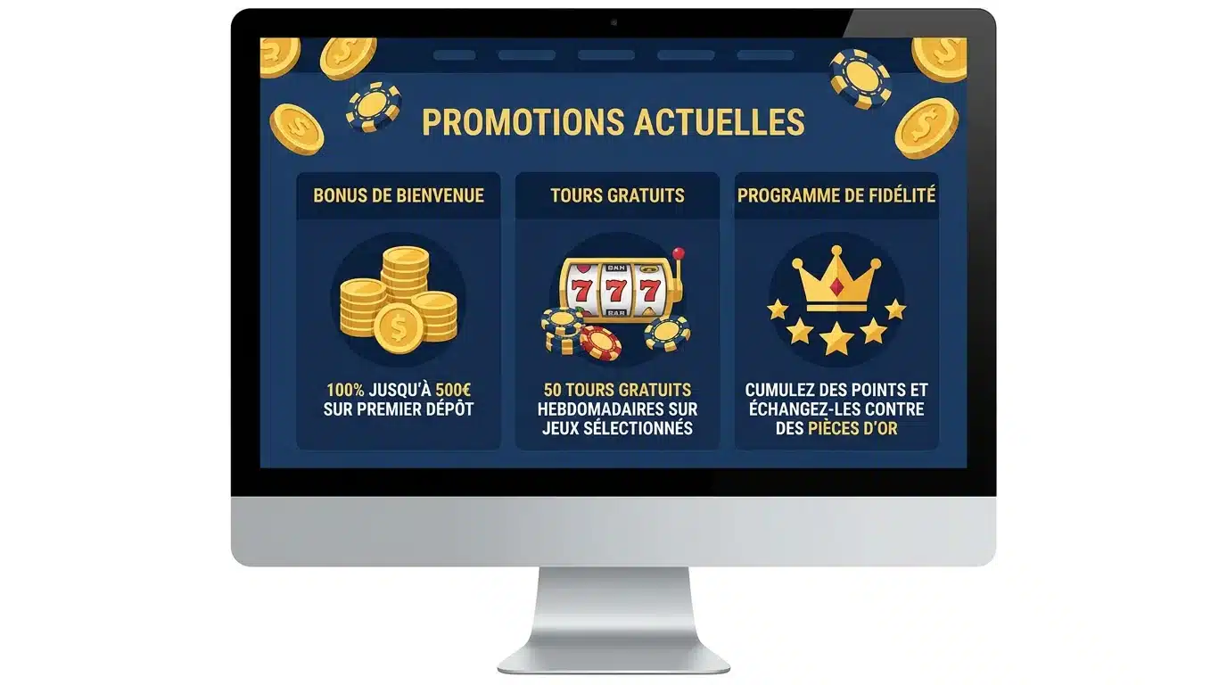 Écran montrant des promotions de casino en ligne avec icônes de bonus et tours gratuits