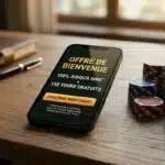 Smartphone affichant une offre de bonus de casino gratuit posé sur un bureau