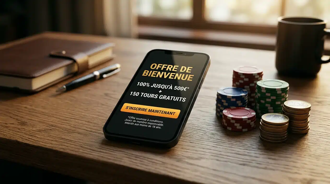 Smartphone affichant une offre de bonus de casino gratuit posé sur un bureau