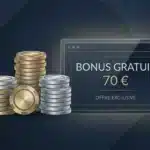 Illustration d'un bonus de casino de 70 euros avec des jetons et un affichage numérique
