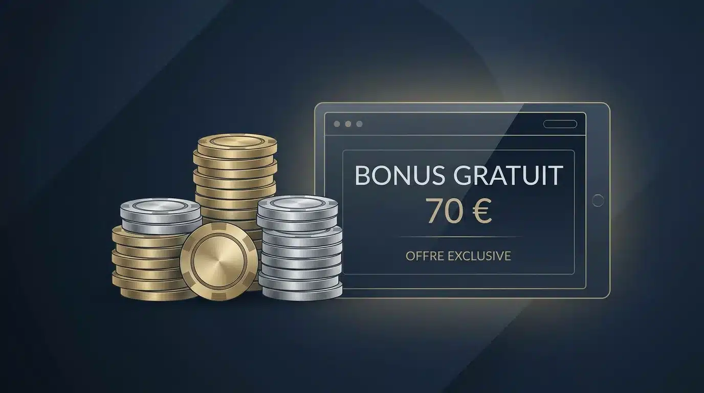 Illustration d'un bonus de casino de 70 euros avec des jetons et un affichage numérique