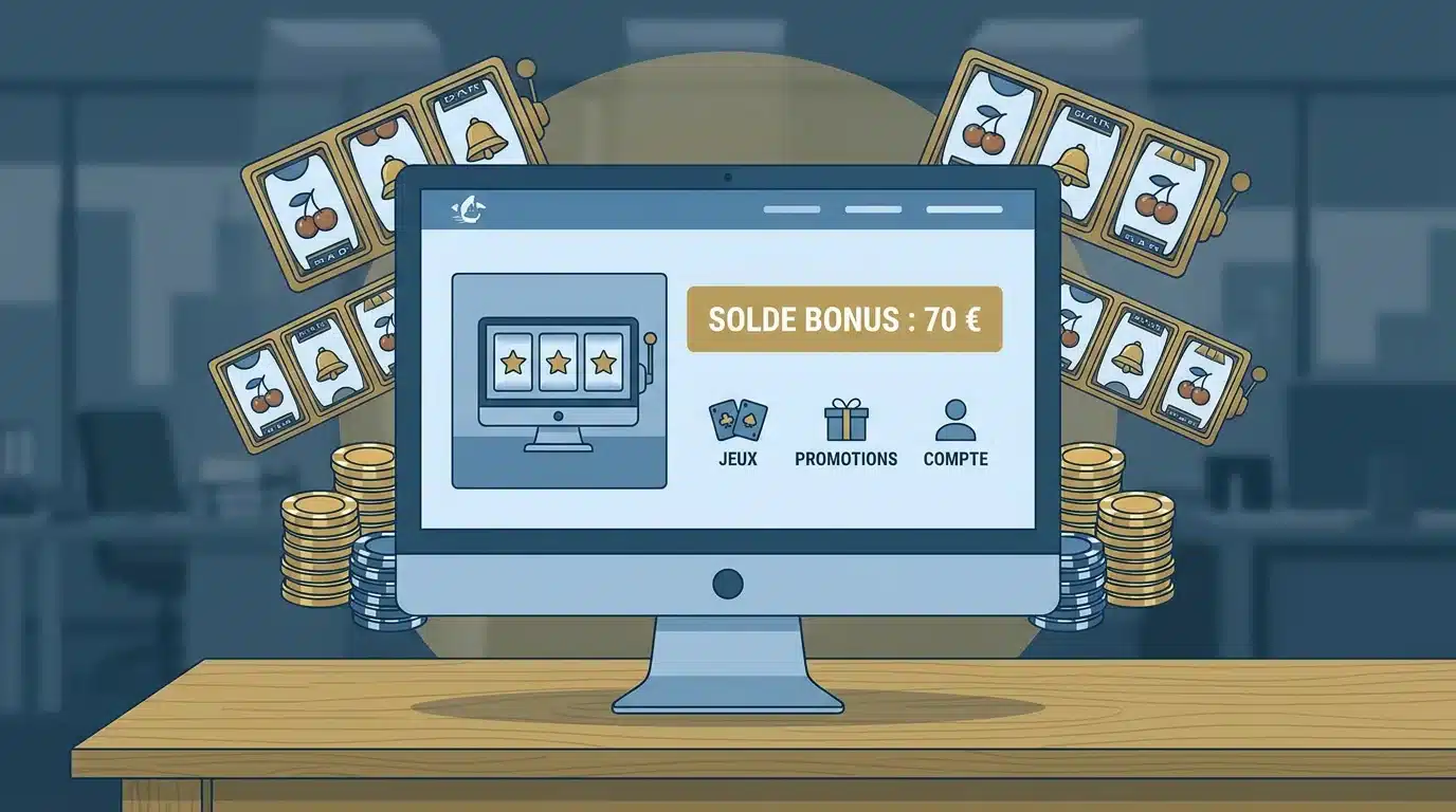 Écran de casino en ligne affichant un bonus de 70 euros sans dépôt avec des jetons et icônes de jeux