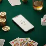 Table de casino avec jetons et smartphone affichant un bonus de 10 euros sans dépôt