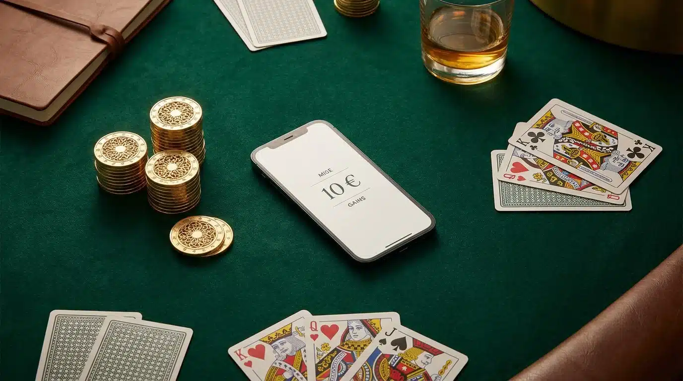 Table de casino avec jetons et smartphone affichant un bonus de 10 euros sans dépôt