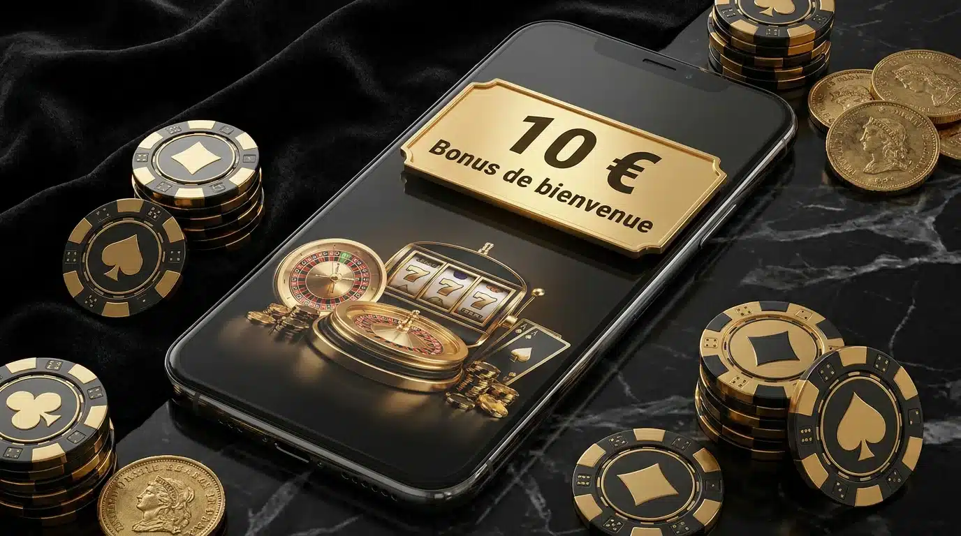 Interface de casino en ligne affichant un bonus de 10 euros sans dépôt sur smartphone