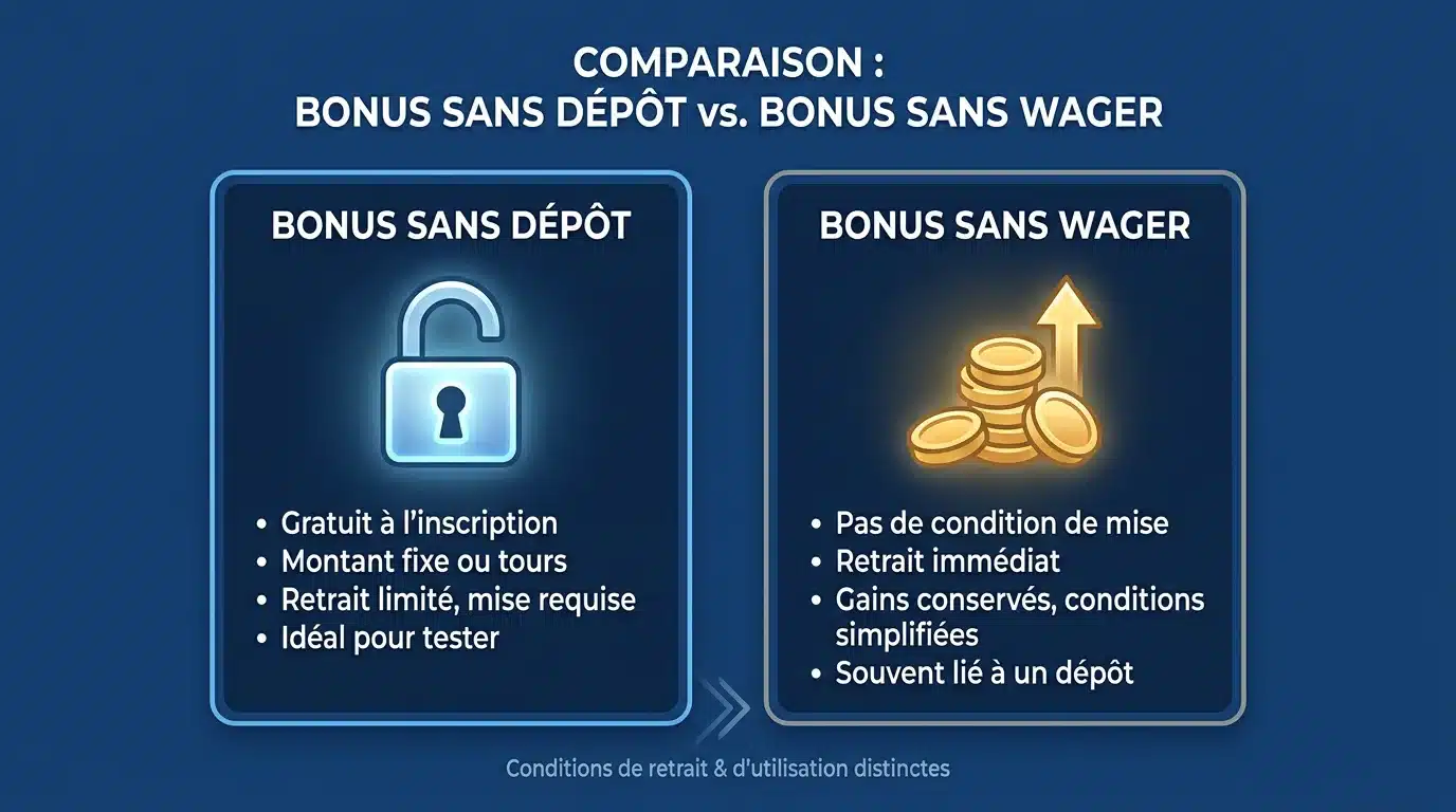 Infographie comparant bonus sans dépôt et bonus sans wager au casino en ligne