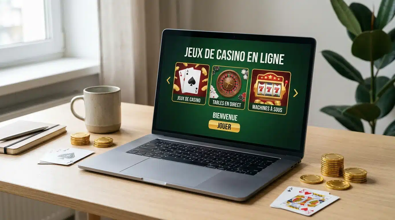 Interface de casino en ligne avec jetons et cartes illustrant les bonus sans dépôt encaissables