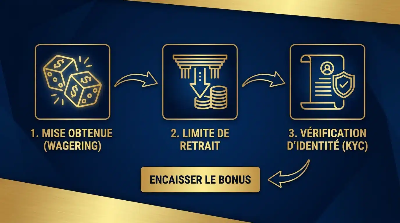 Parcours en trois étapes pour encaisser un bonus sans dépôt : wagering, plafond de retrait et vérification KYC