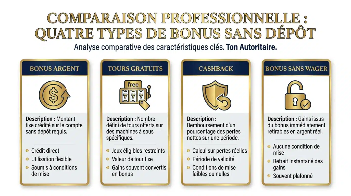 Infographie comparant les quatre types de bonus sans dépôt encaissables : cash, free spins, cashback et sans wager