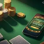 Table de casino avec jetons dorés et smartphone affichant un bonus gratuit