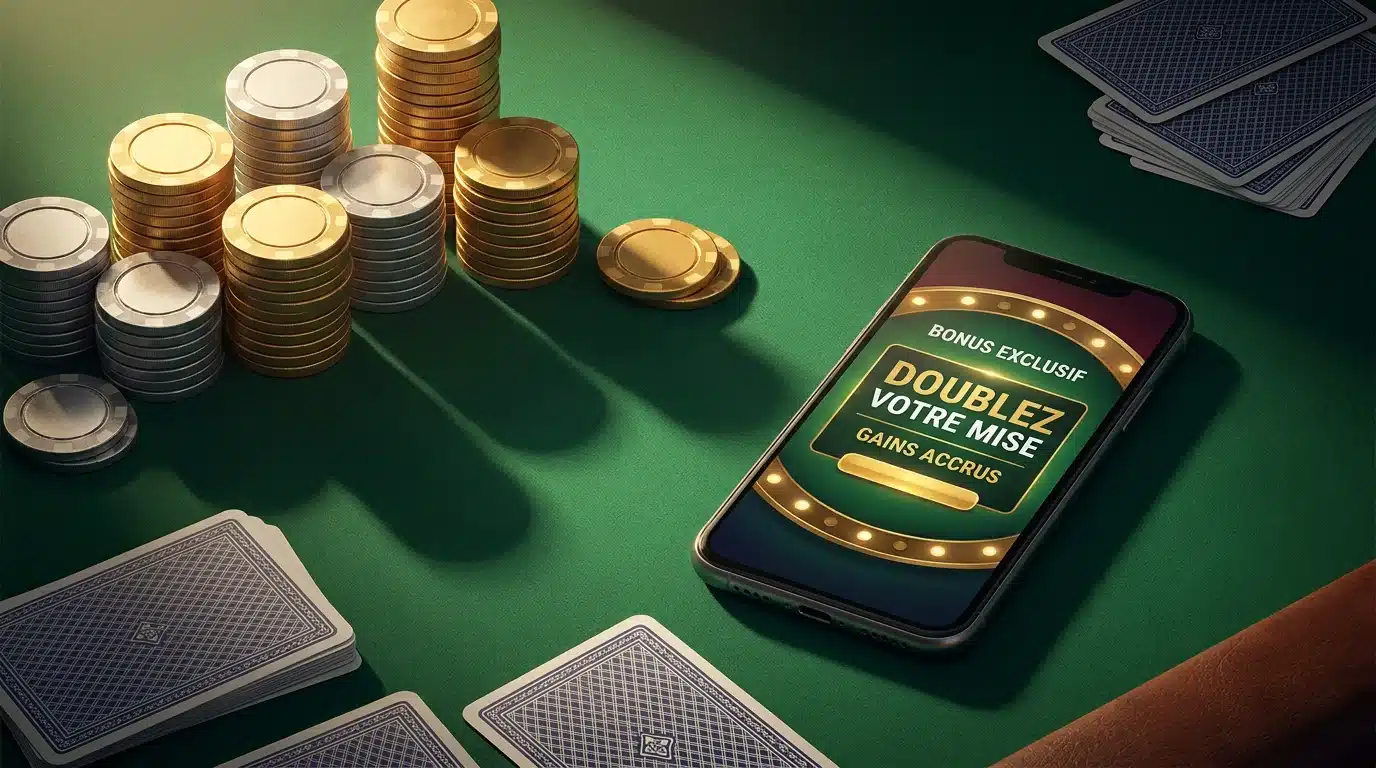 Table de casino avec jetons dorés et smartphone affichant un bonus gratuit