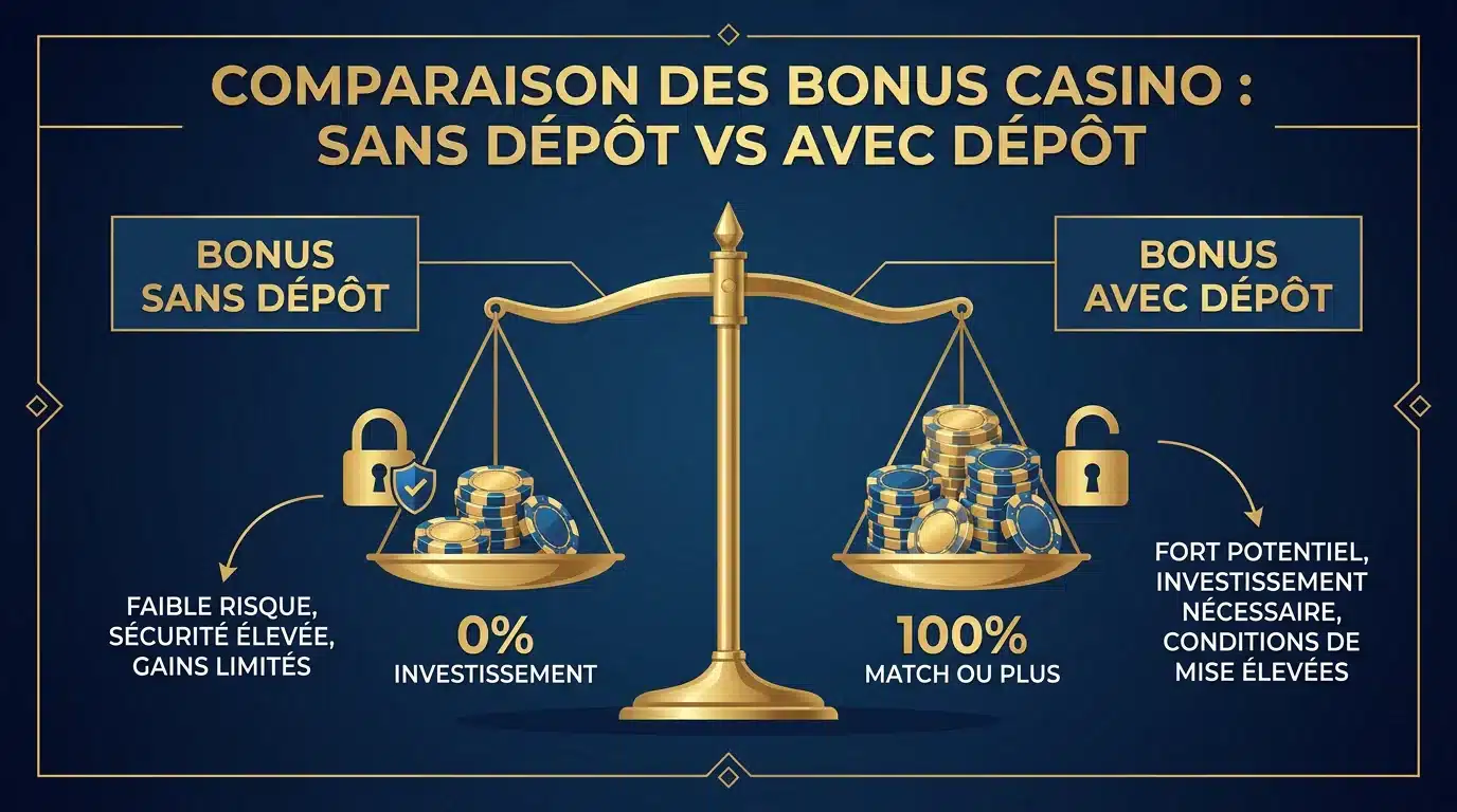 Infographie comparant les bonus de casino sans dépôt et avec dépôt