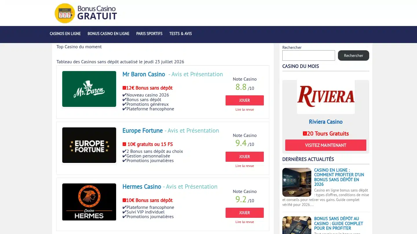 Capture de la page d’accueil de Bonus Casino Gratuit