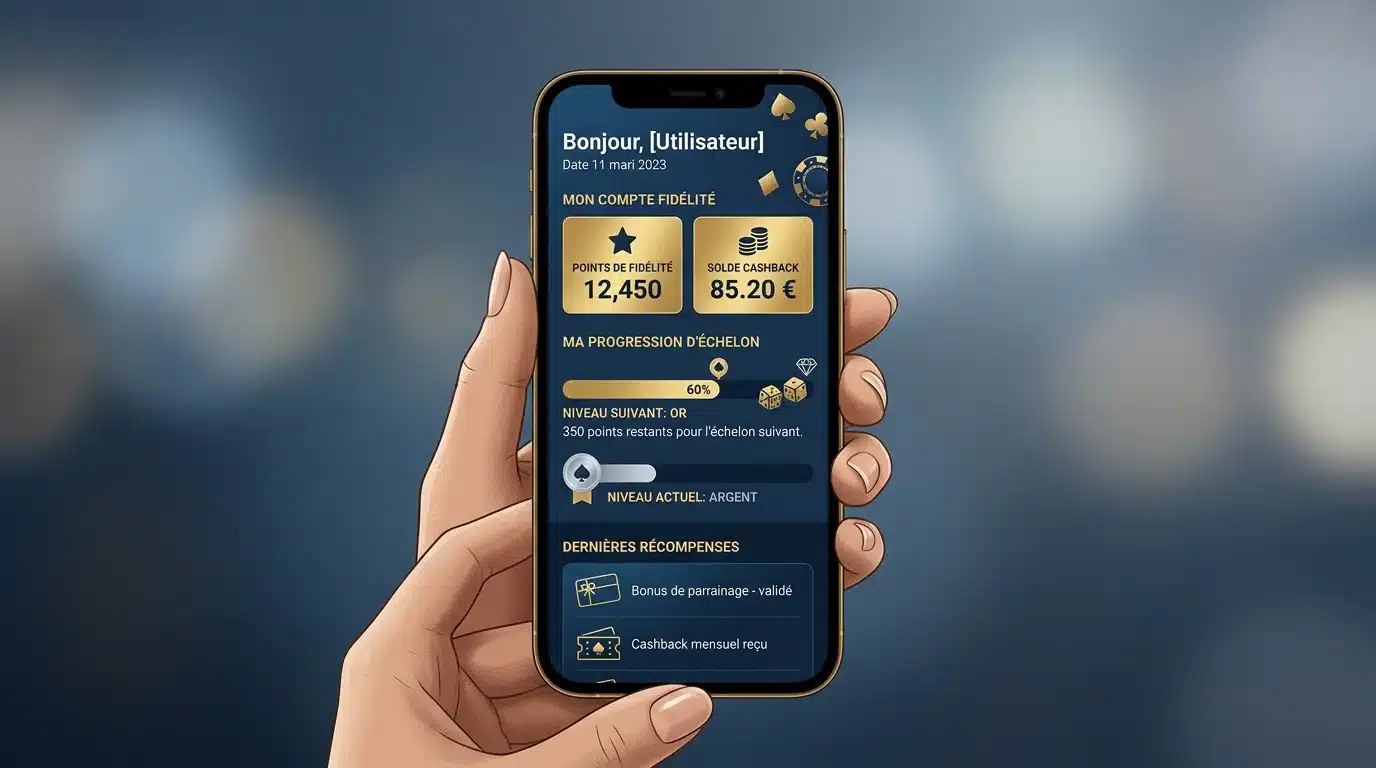 Tableau de bord de fidélité VIP affichant points et cashback