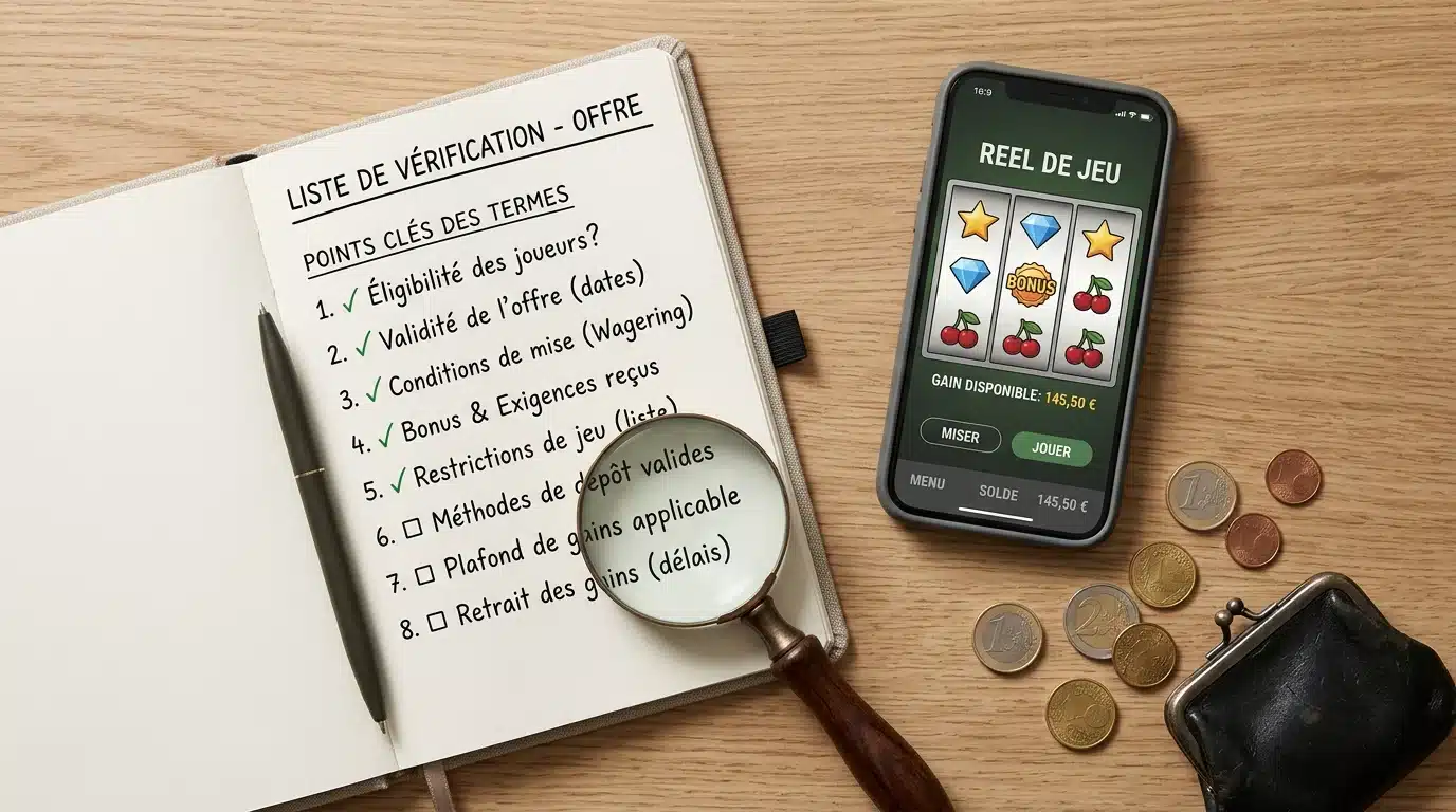 Liste de vérification des conditions d'un bonus de casino sans dépôt posée sur un bureau