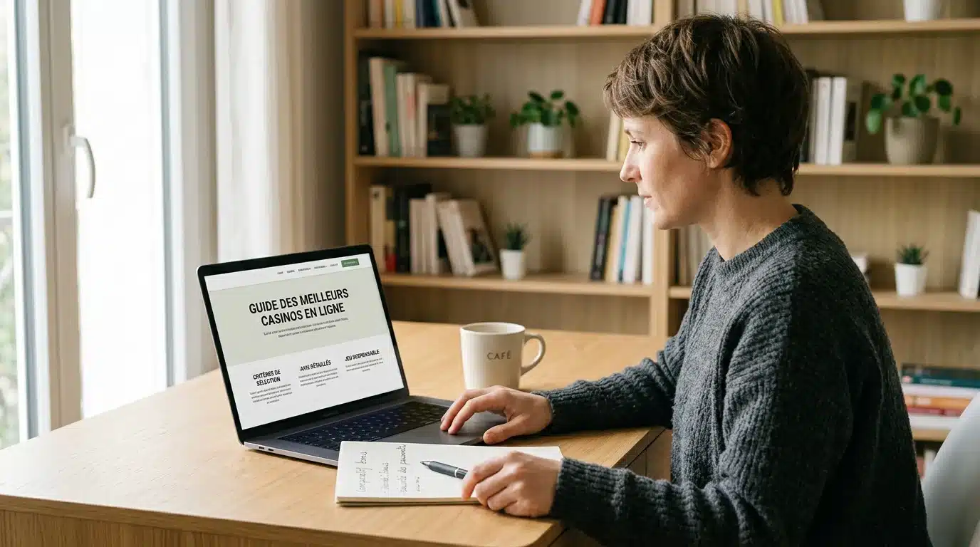 Personne analysant un casino en ligne sur un ordinateur portable dans un bureau lumineux